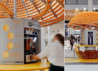 Espremedor de frutas imprime copo de bioplástico com a casca da laranja