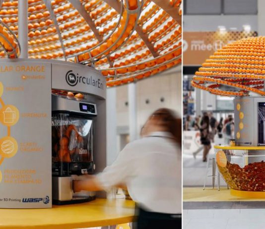 Espremedor de frutas imprime copo de bioplástico com a casca da laranja