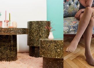 Marca sueca recicla meias-calças velhas de clientes em mesas que parecem pedra polida