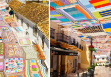 Artistas espanhóis decoram bairro comercial de Málaga com enorme colcha de retalhos de crochê