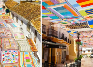 Artistas espanhóis decoram bairro comercial de Málaga com enorme colcha de retalhos de crochê