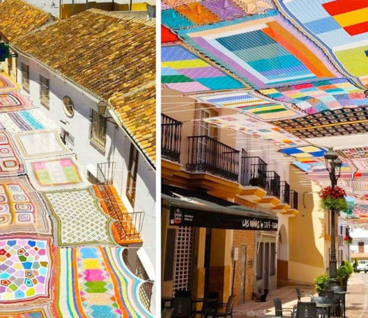 Artistas espanhóis decoram bairro comercial de Málaga com enorme colcha de retalhos de crochê