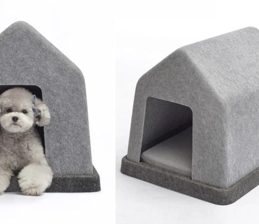 Essa casinha de cachorro minimalista é feita com feltro de garrafas PET