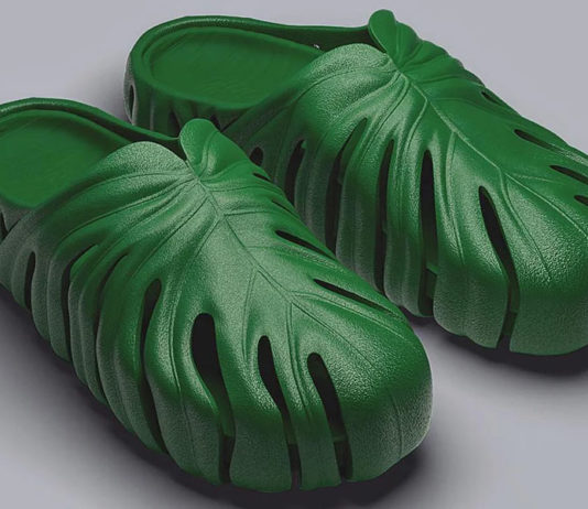 Chinelo slide da Unsent Studio tem design inspirado na planta Monstera deliciosa