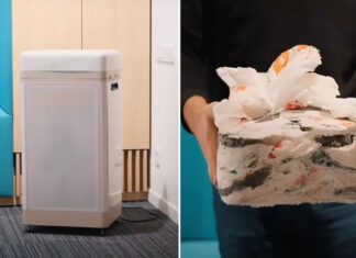 O compactador Clear Drop transforma sacolas plásticas descartáveis em tijolos