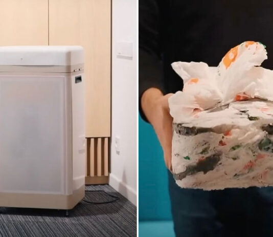 O compactador Clear Drop transforma sacolas plásticas descartáveis em tijolos