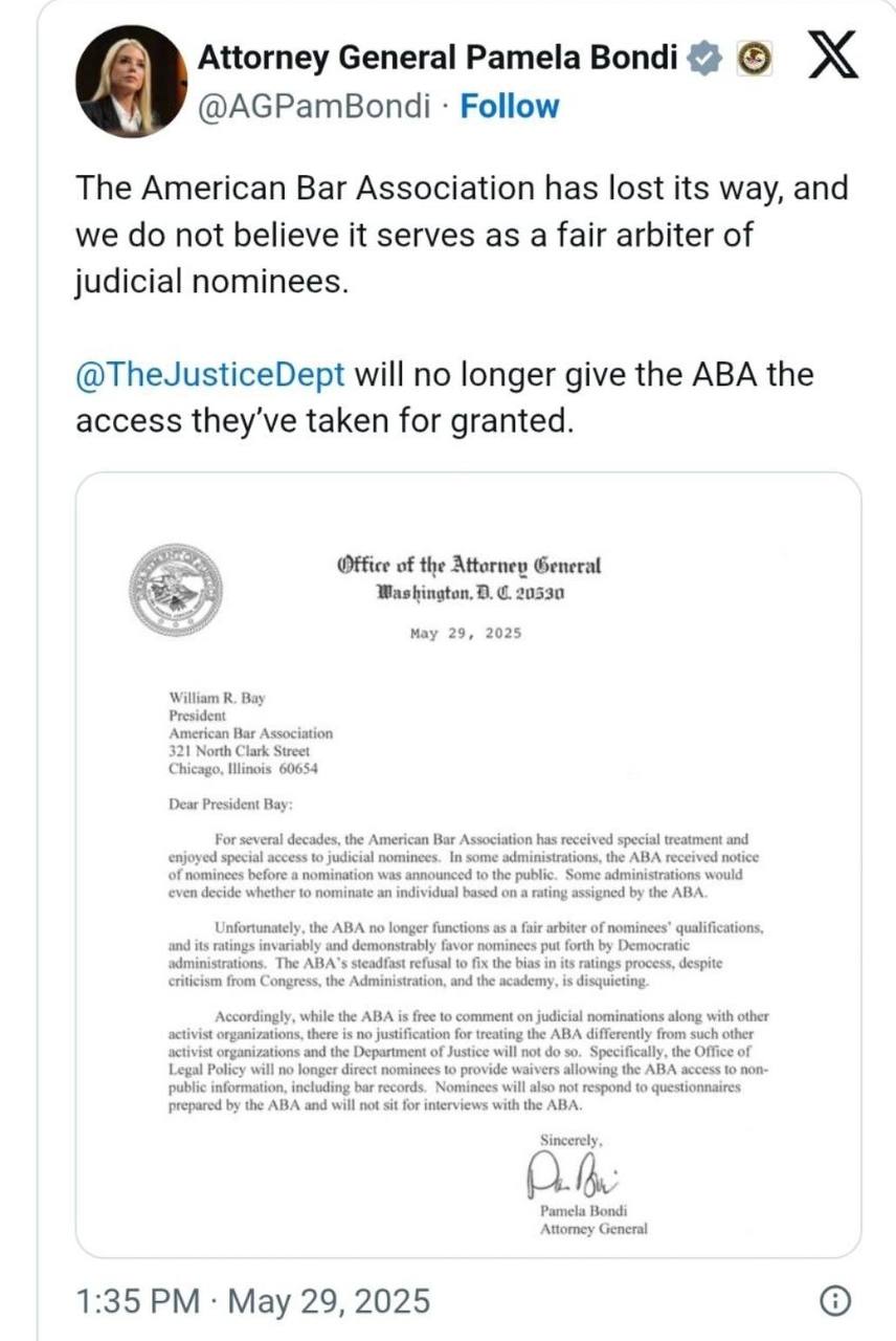 Governo Trump abandona a Ordem dos Advogados dos EUA e encerra tratamento especial do Departamento de Justiça. 1