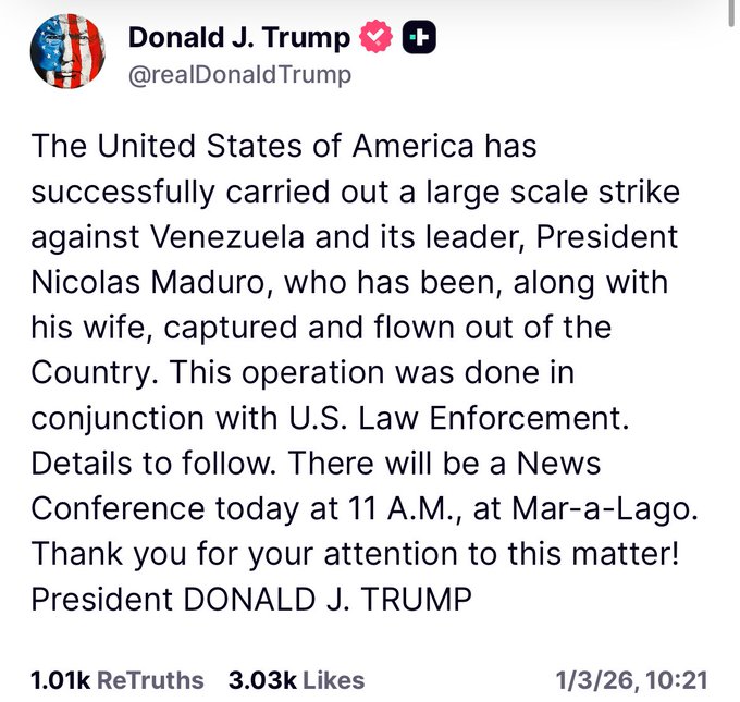 Fim de uma Era: Militares americanos capturaram Nicolas Maduro em Caracas.  1