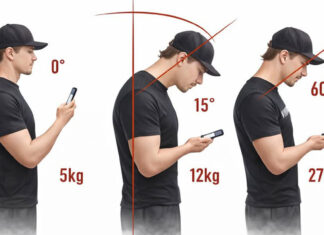 “Pescoço de Texto” – Inclinar a cabeça para usar um smartphone aumenta drasticamente o estresse na coluna cervical.