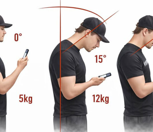 “Pescoço de Texto” – Inclinar a cabeça para usar um smartphone aumenta drasticamente o estresse na coluna cervical.