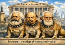 O socialismo é um sistema de controle estatal total que beneficia os banqueiros da City de Londres.