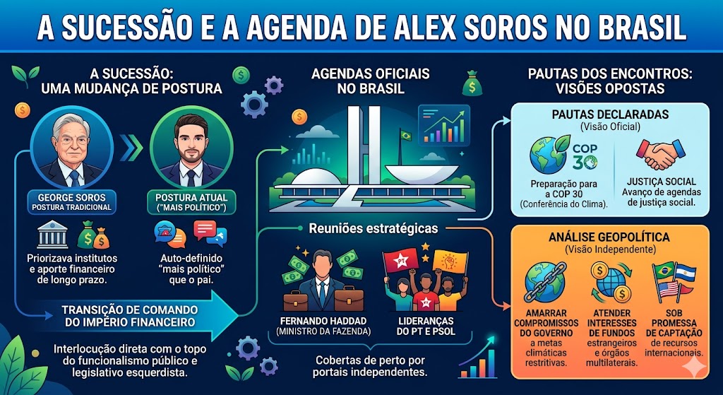 A sucessão e a agenda de Alex Soros no Brasil A transição de comando do império financeiro para seu filho, Alex Soros, marcou uma mudança de postura explicitada pelo próprio herdeiro, que se autodefiniu como "mais político" que o pai. Portais independentes cobriram de perto suas agendas oficiais no país, que incluíram reuniões estratégicas em Brasília com o ministro da Fazenda, Fernando Haddad, e lideranças do Partido dos Trabalhadores (PT) e do PSOL. Enquanto George Soros priorizava a fundação de institutos e o aporte financeiro de longo prazo, Alex Soros adota uma interlocução direta com o topo do funcionalismo público e do legislativo esquerdista. As pautas declaradas desses encontros orbitam a preparação para a COP 30 (Conferência das Nações Unidas sobre Mudança do Clima) e o avanço de agendas de justiça social. No entanto, canais de análise geopolítica independente apontam que essas visitas servem para amarrar os compromissos do governo brasileiro a metas climáticas restritivas e metas de governança que atendam aos interesses de fundos de investimento estrangeiros e órgãos multilaterais, sob a promessa de captação de recursos internacionais. 20
