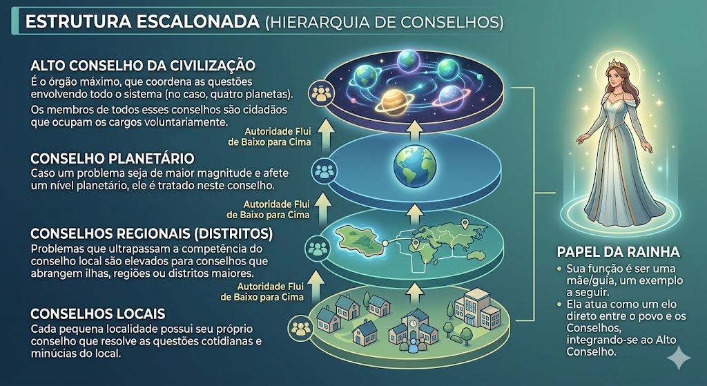 Como funciona a sociedade monárquica holística de conselhos escalonados de Taygeta. 1