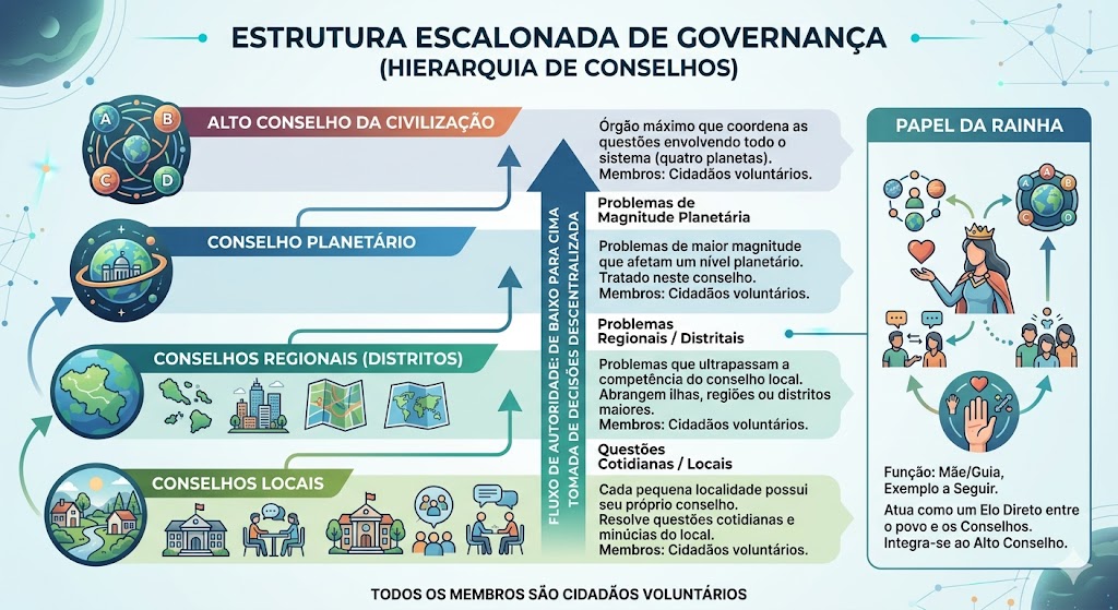 Como funciona a sociedade monárquica holística de conselhos escalonados de Taygeta. 3